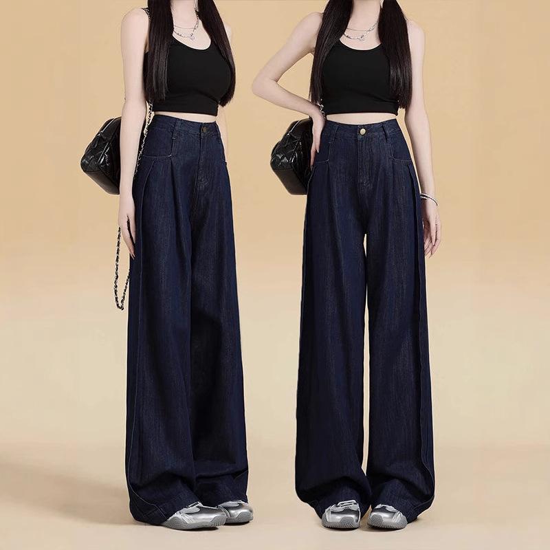 Женские темно-синие джинсы с высокой посадкой и широкими штанинами - Весна/Осень 2024, Слим и в пол