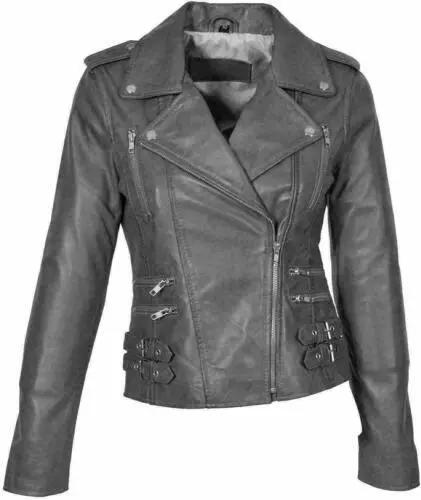 Genuine Lambskin Leather Jacket Stylish Motorcycle Biker Handmade Women's Jacket
