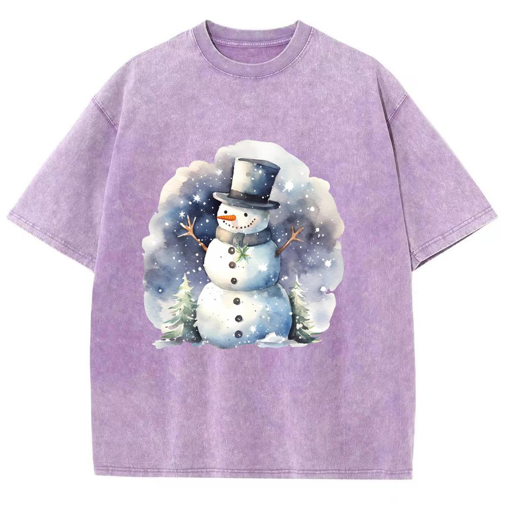 Snowman Print Christmas Women's T-Shirt Oversized Washed Short Sleeve Everyday Cute Top Retro Distressed Wear Men