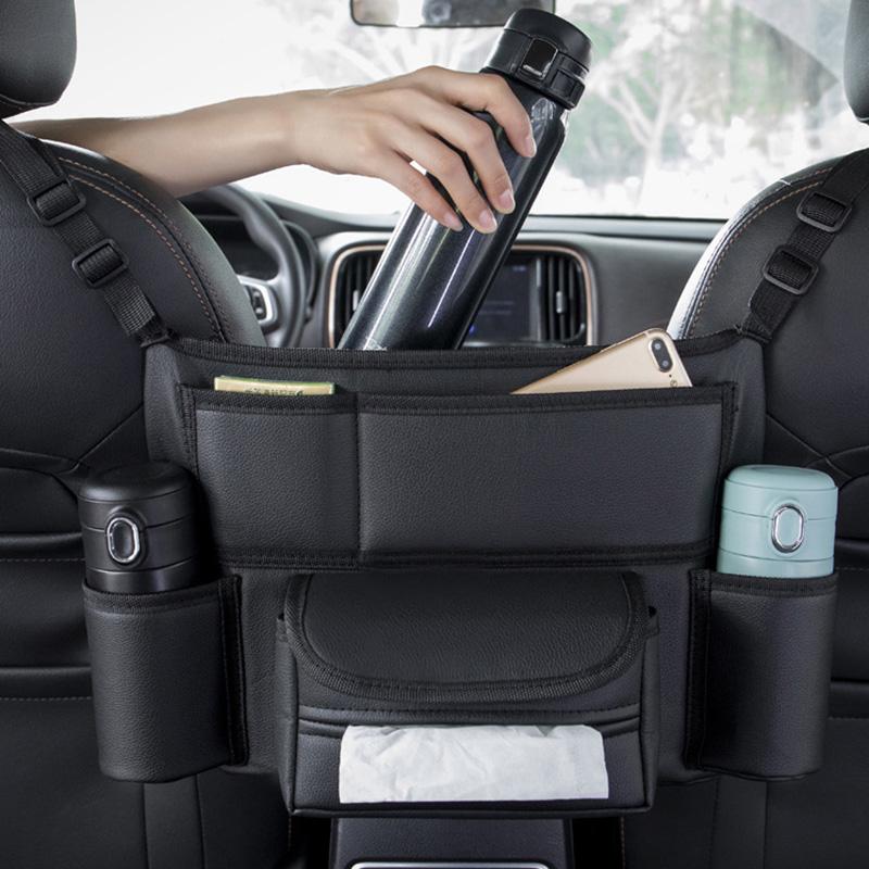 New Leather Car Seat Middle Hanger Storage Bag Luxury Auto Handbag Holder Between Seats Tissue Water Cup Pockets Stowing
