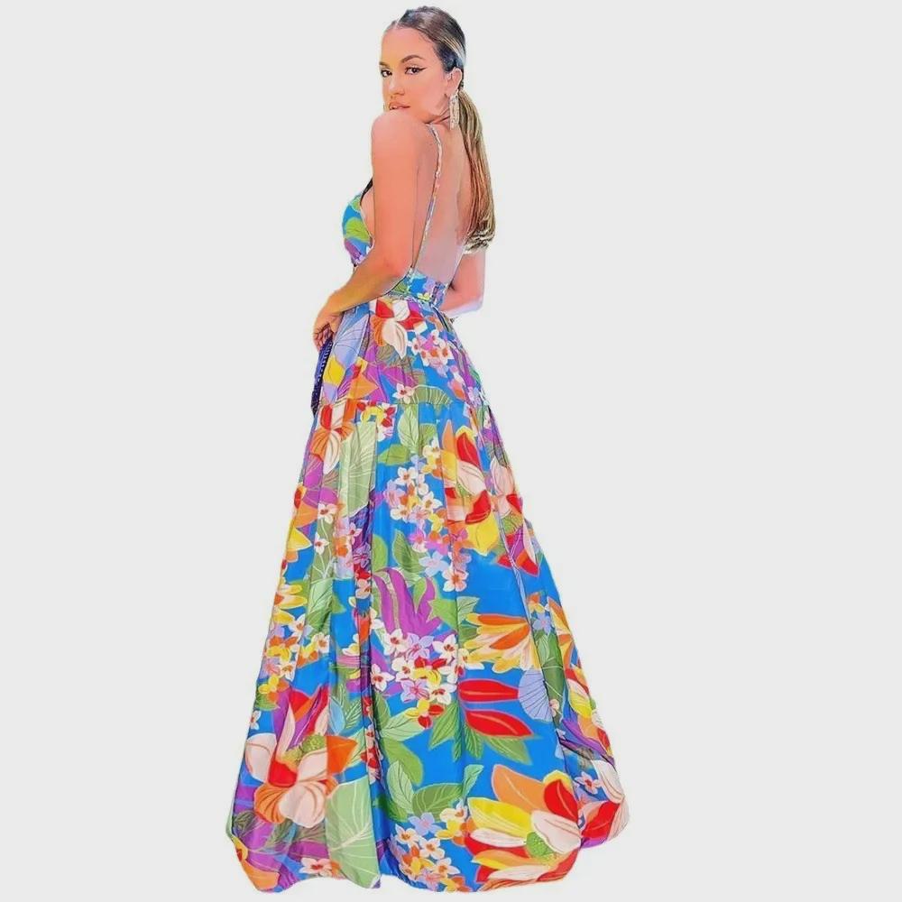 Летнее женское европейское и американское платье макси с открытыми плечами и цветочным принтом 2025 года