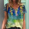 Spring Summer Women's Short Sleeve V-Neck Versatile Floral Painting Printed T-Shirt