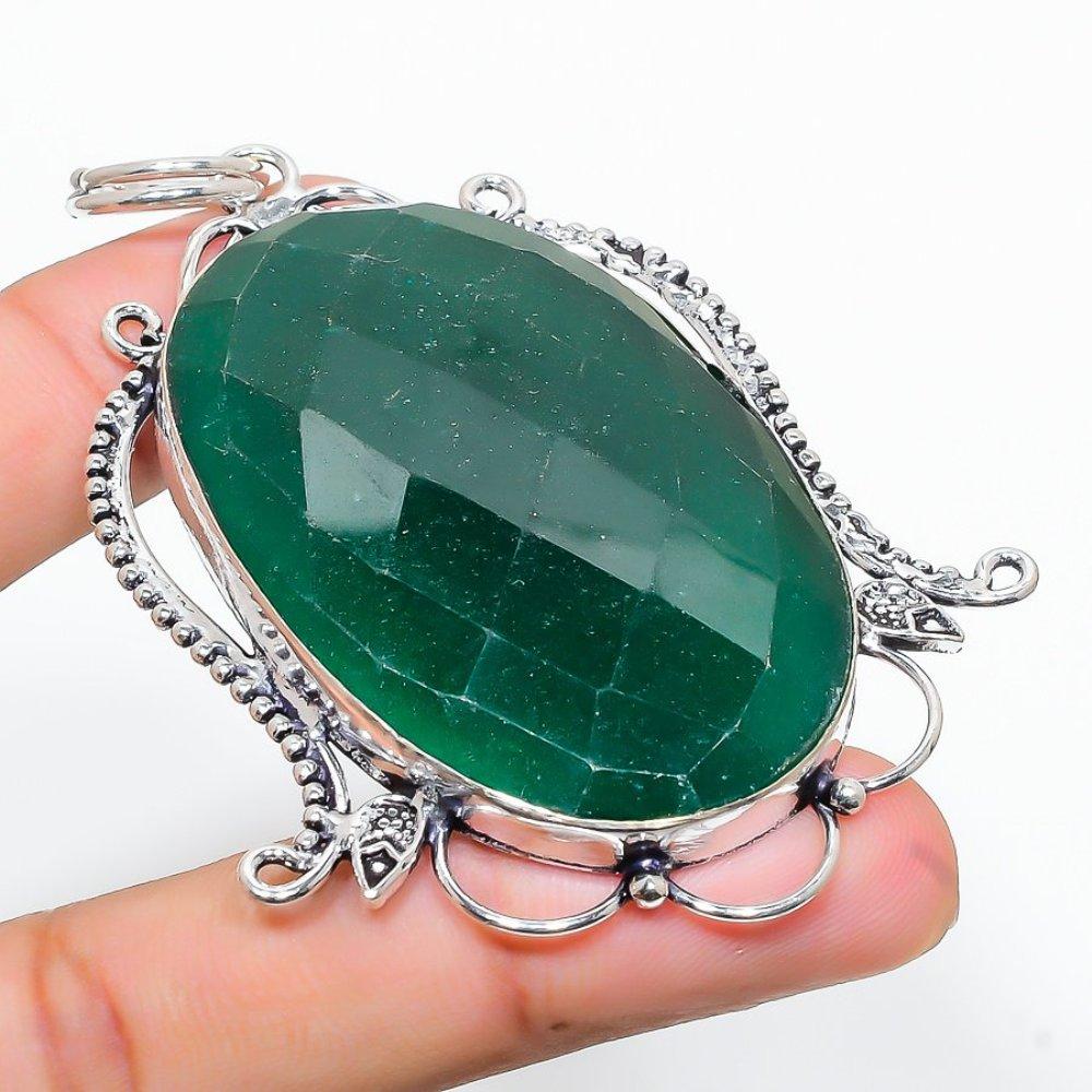 Emerald Natural Gemstone Handmade 925 Sterling Silver Pendant 3.15" C0y22