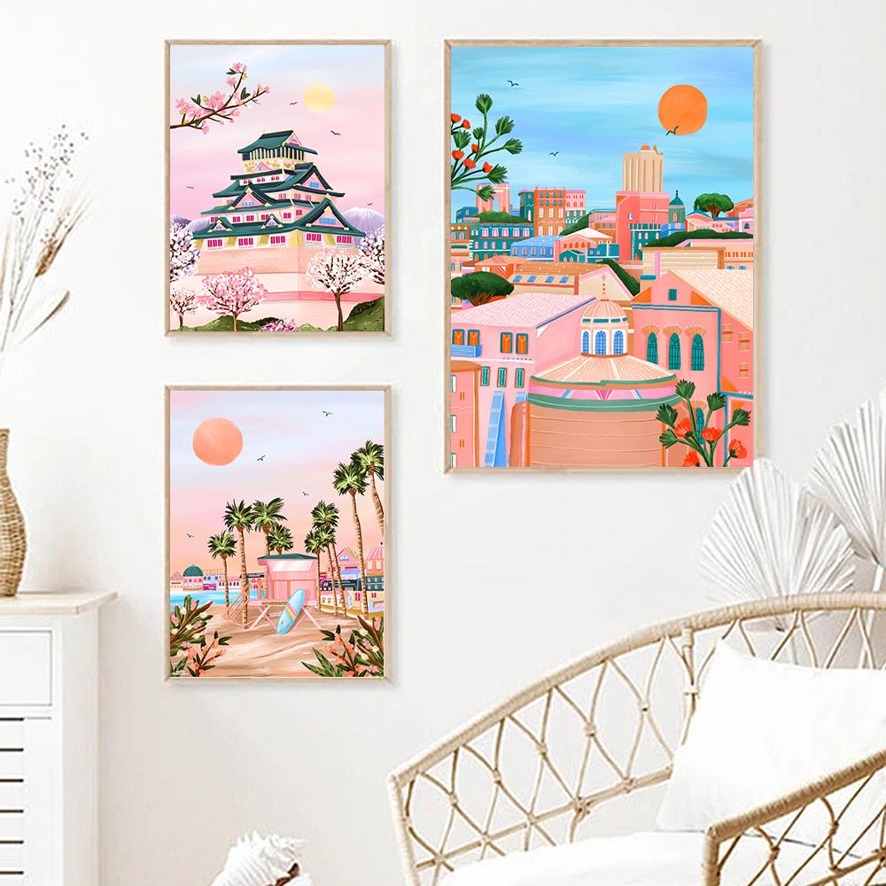 Rome Marrakech Landscape Poster Canvas Painting Prints Miami Beach Travel Posters Wall Art Pictures Home Decor For Living Room