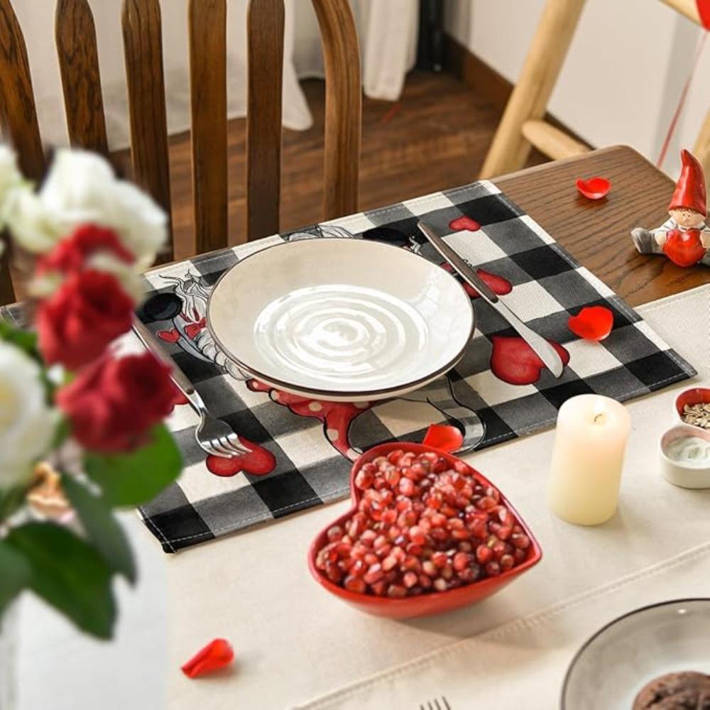 Buffalo Plaid Placemats Hearts Gnomes Love Valentine's Day Anniversary Wedding Holiday Table Mats for Party Kitchen Dining Decoration