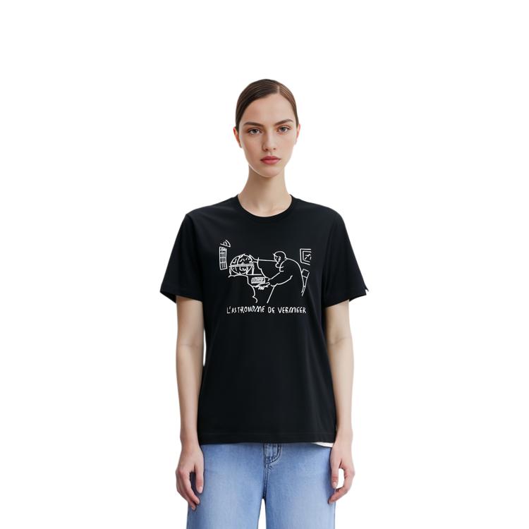 Uniqlo Хлопковая футболка с принтом персонажа, круглый вырез, унисекс, черный 448582-09