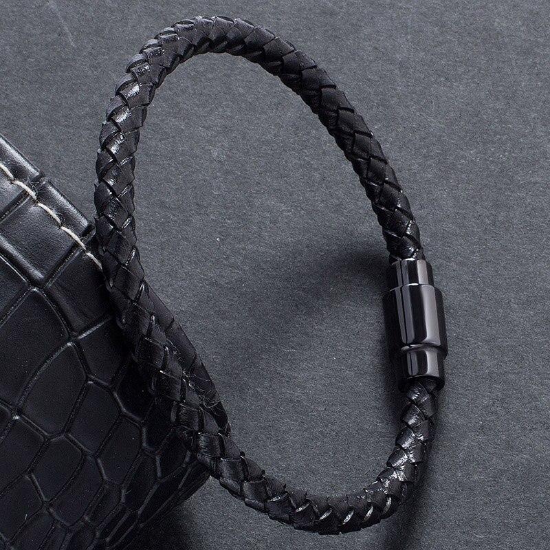 Black Leather Bracelet Men Friendship Bracelets Black Clasp Bangles Women Fashion Jewelry Birthday Gift