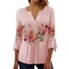Spring Summer Women's Flower Print V-Neck Short Sleeve Pleated Button T-shirt