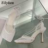 Fashion Eilyken Spring Mesh Casual Pumps Sandals Female Square Toe High Heel Lace Up Cross-tied Stiletto Hollow Dress Tacones De Mujer