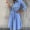 Single-Breasted High Waist Denim Dress Shrink-resistant Lapel Belt Long Sleeve Women Midi Dress Streetwear