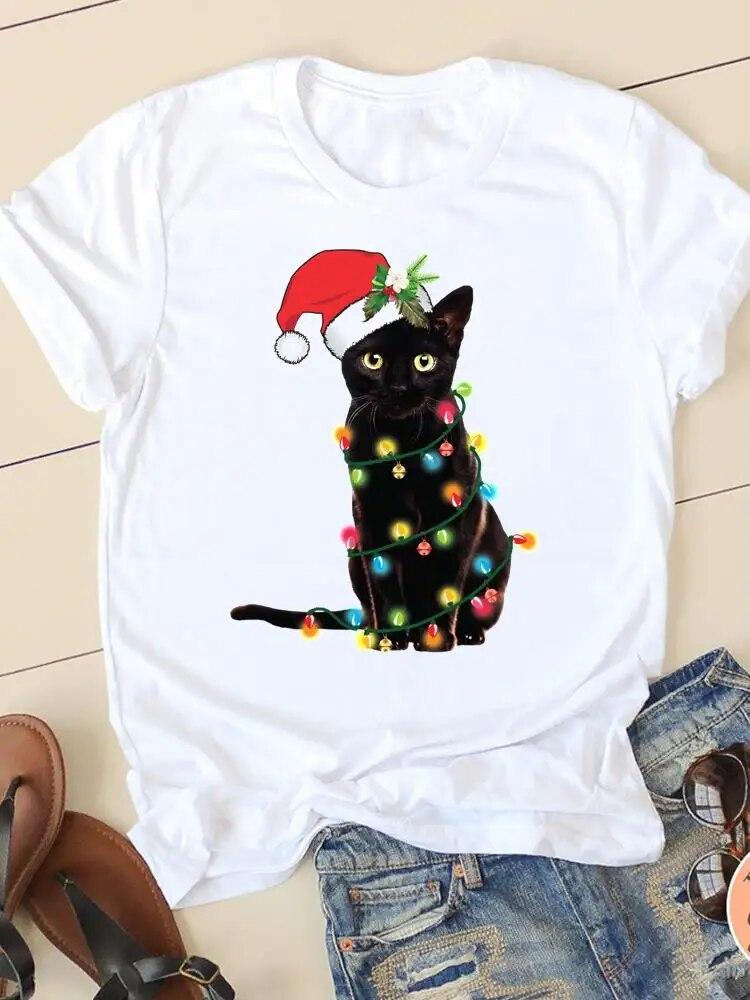 Christmas Fashion Print T-shirt New Year Women Clothes Coffee Style Watercolor 90s O-neck Graphic Lady Casual Female Shirt Tee