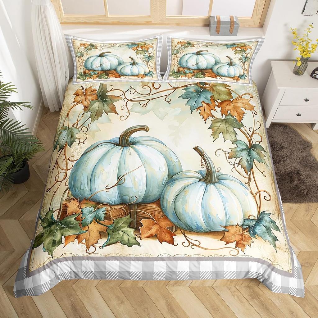 Осенний пододеяльник с тыквой Happy Fall Y'all Пододеяльник для мальчика девочки Осенний комплект постельного белья с кленовыми листьями 3 предмета Декор комнаты в стиле фермерского дома