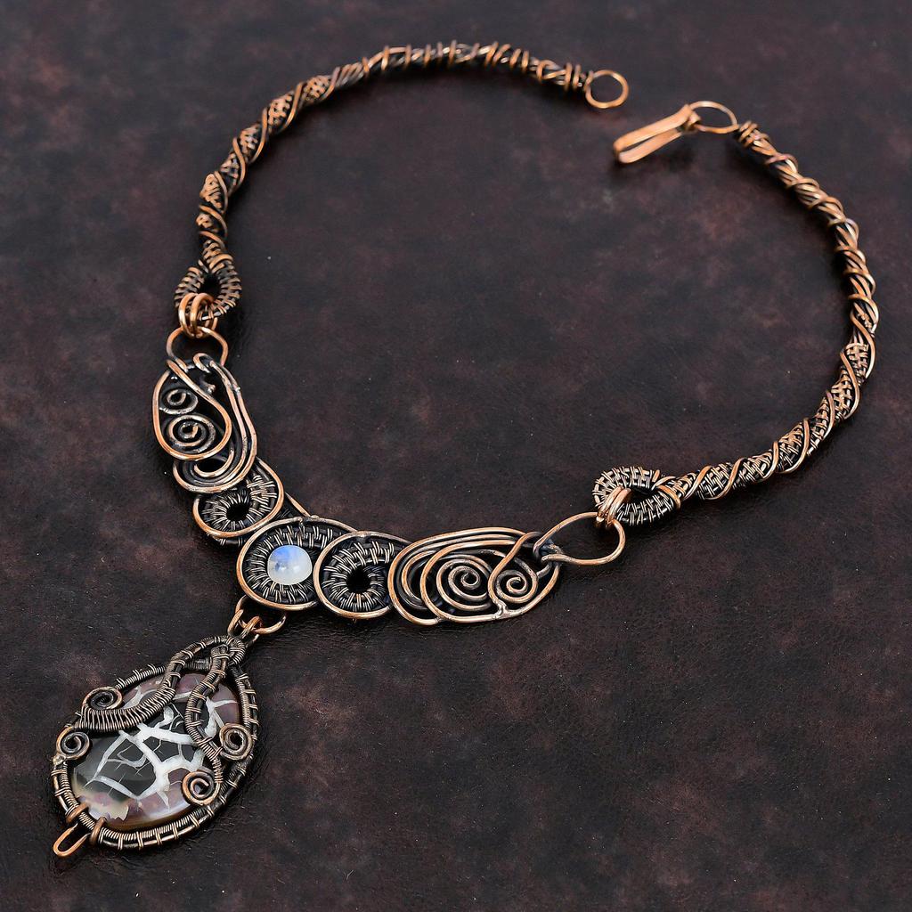 Марокканское ожерелье из ископаемого грязи, трещин, медной проволоки, ожерелье, ювелирные изделия ручной работы, ожерелье из лунного камня, подарок на годовщину, медные украшения