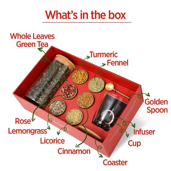 Chaayos Подарочные наборы Herbal Premium Diwali | Содержит зеленый чай с шестью натуральными ингредиентами и стальным ситечком для заваривания чая | Ароматизаторы - куркума, корица