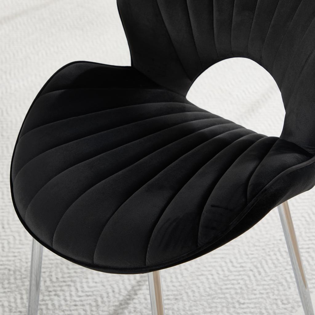 Velvet Dining Chair with Hollowed-Out Backrest, Armless Chair, Silver Legs, Chair for Living Room, Bedroom and Office (Two Pieces per Set) - BLACK