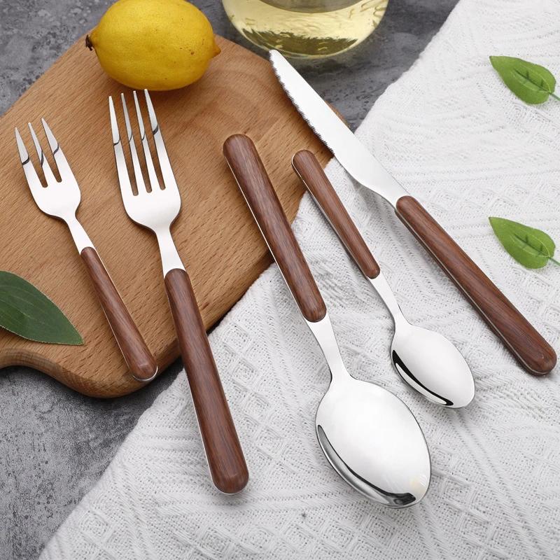 Набор столовых приборов с деревянной ручкой, столовая посуда из нержавеющей стали, вилка, нож, кофейная ложка, набор столовых приборов в западном стиле, можно мыть в посудомоечной машине