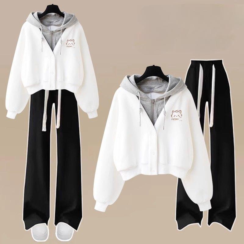 Женский спортивный костюм весна-осень, комплект из двух предметов, элегантный корейский поддельный костюм из толстовки с капюшоном и повседневных брюк, комплект брюк для девочек
