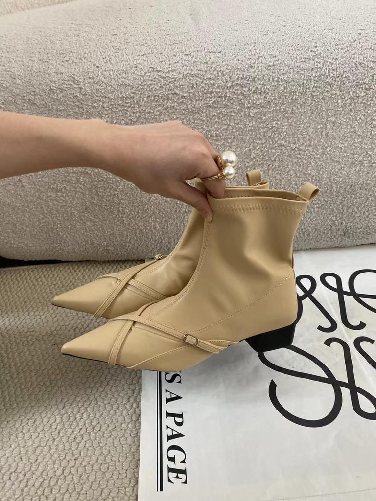 Модные женские ботильоны с острым носком, черные, бежевые, с узким ремешком, на плоской подошве, на среднем каблуке, туфли-лодочки для вечеринок, эластичные туфли для женщин, 2024, новые поступления, вечеринка