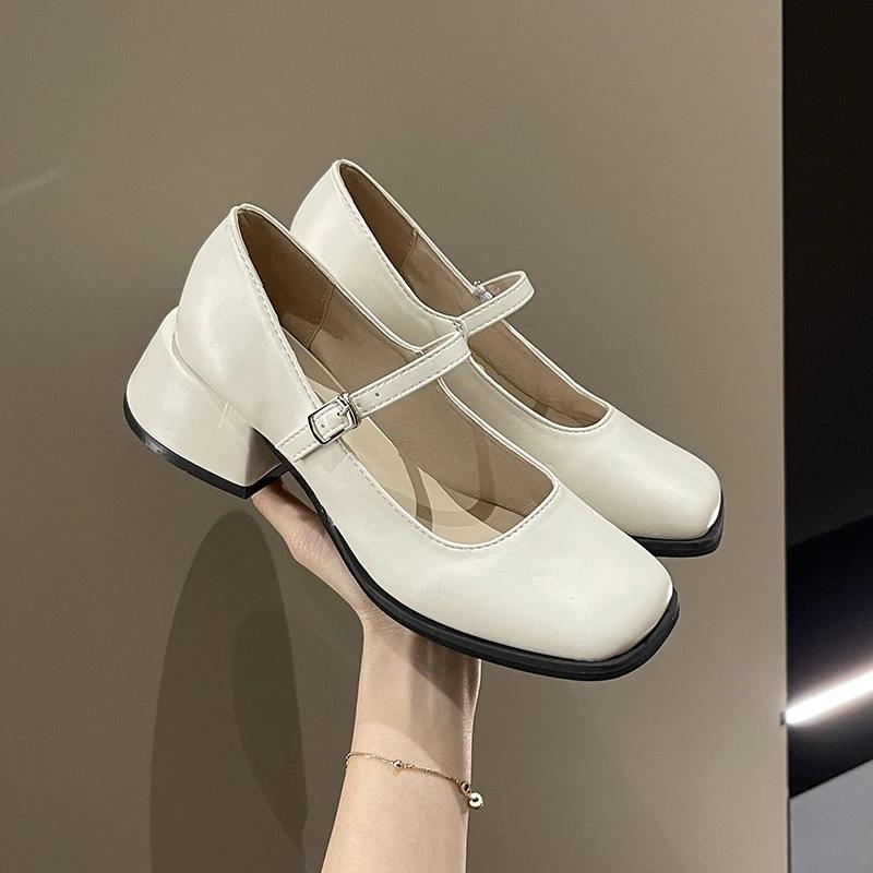 Fashion Rimocy Silver Thick Heels Mary Jane Shoes Women 2025 Buckle Strap Square Toe Pumps Woman Med Heele Patent Leather Shoes Female