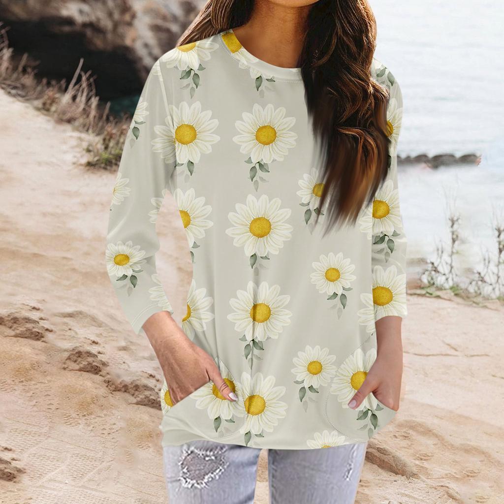 Женская модная повседневная футболка с карманом и круглым вырезом с рукавами 3/4 и топом