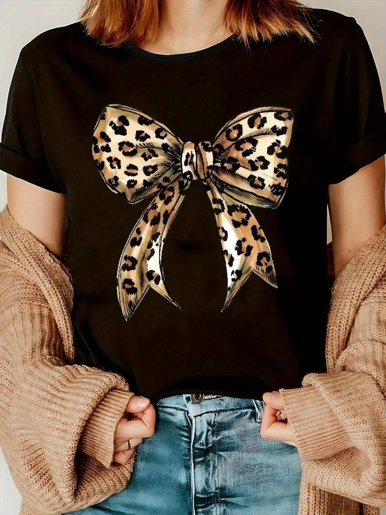 Женская повседневная футболка с круглым вырезом и бантом с леопардовым принтом 95% полиэстер 5% эластан обычная длина трикотажное полотно