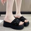Летние новые стильные модные и элегантные сандалии на платформе, однотонные тапочки с открытым носком и круглым носком, украшенные блестками, НЕТ:А588
