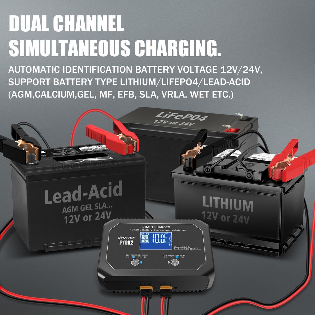 Dual Channel Car Battery Charger 12V 10A 24V 5A for Lithium AGM GEL Lead-Acid LiFePO4 Battery Automatic Motorcycle Charger