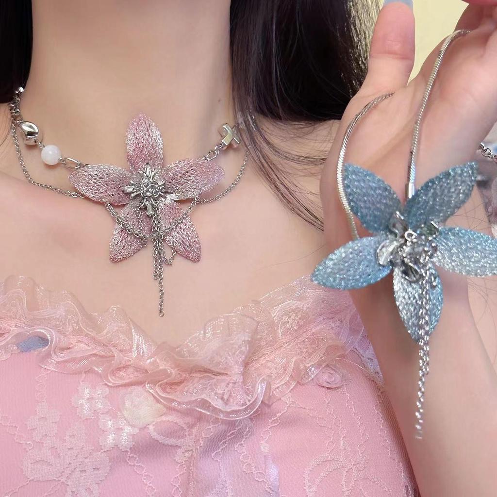 Exquisite Pink Lace Flower Necklace & Tassel Earrings Set