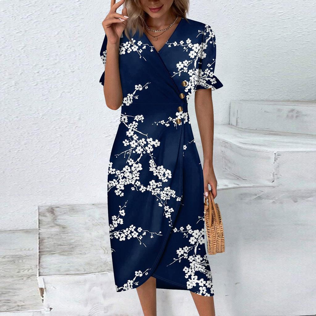 Beach Dresses For Women Spring Summer Elegant Wrap V Neck Floral Boho Dress Flowy Ruched Hawaiian Maxi Dress
