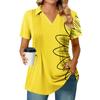 Women's Pleated V-neck Short Sleeved Sunflower Print T-shirt Business Casual Shirt