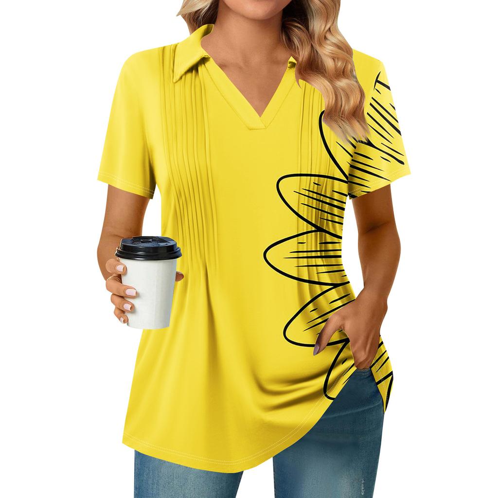 Women's Pleated V-neck Short Sleeved Sunflower Print T-shirt Business Casual Shirt