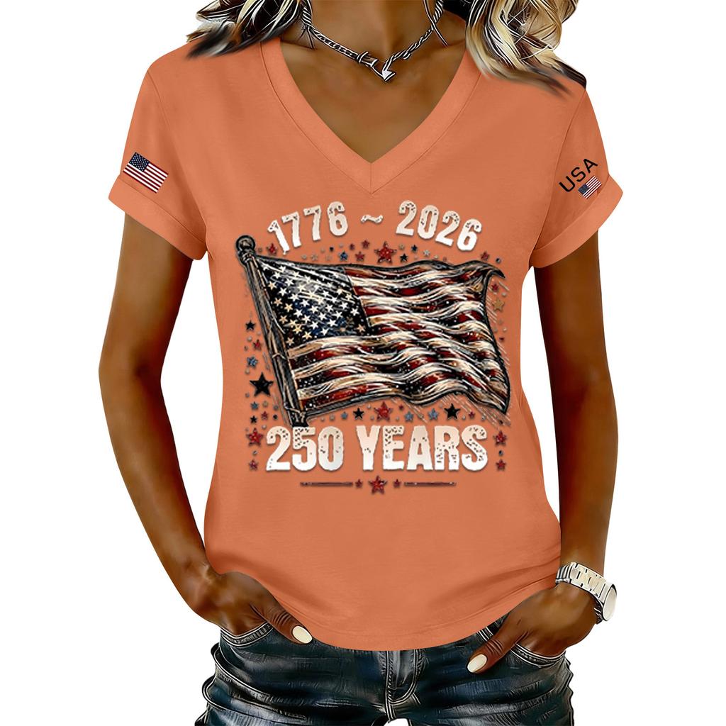 Women's Fashionable V-Neck Casual Retro Print Short Sleeved T-shirt Top