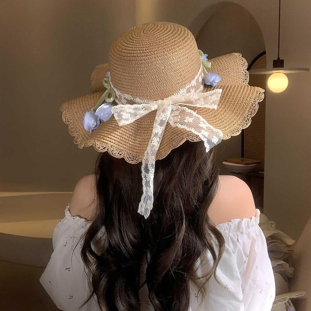 Korean Style Lace Tulip Sun Hat Wide Brim Bow Sunscreen Hat Simple Straw Woven Hat Beach