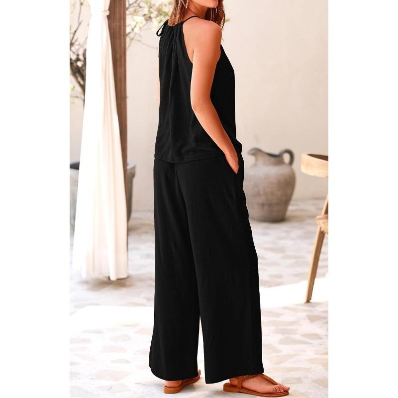 JKASHDK Женские модные повседневные летние весенние однотонные принтованные брюки без рукавов с круглым вырезом костюмы