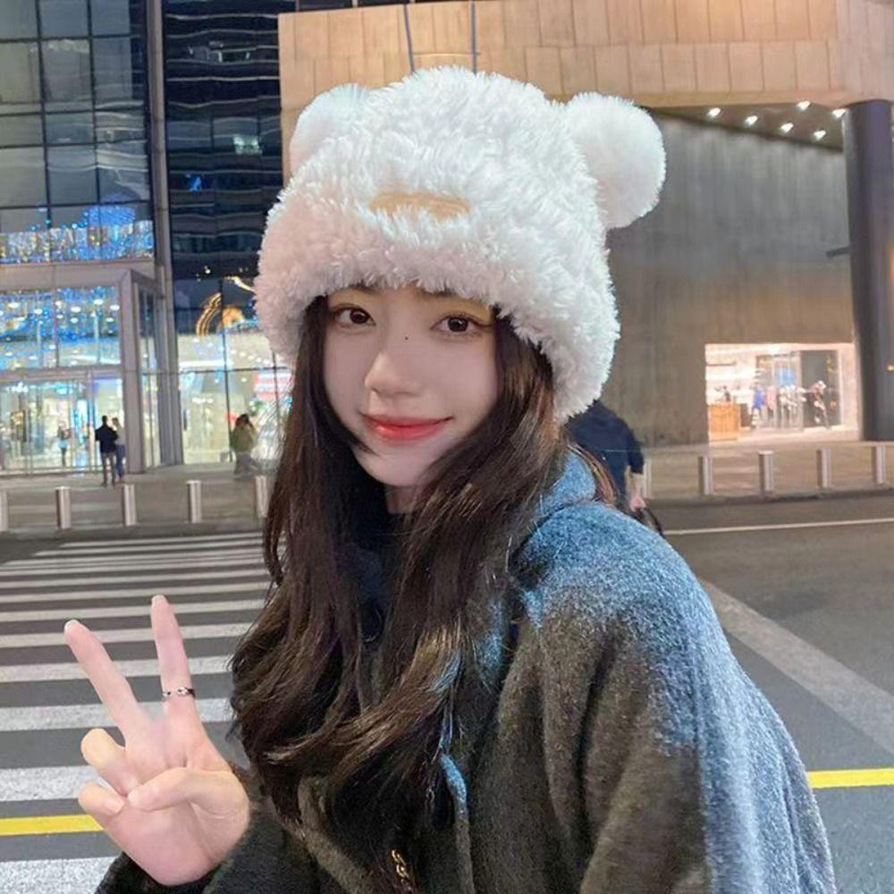 Korean Style Bear Plush Hat Soft Plush Pullover Hats Fashion Winter Warm Cap Autumn and Winter