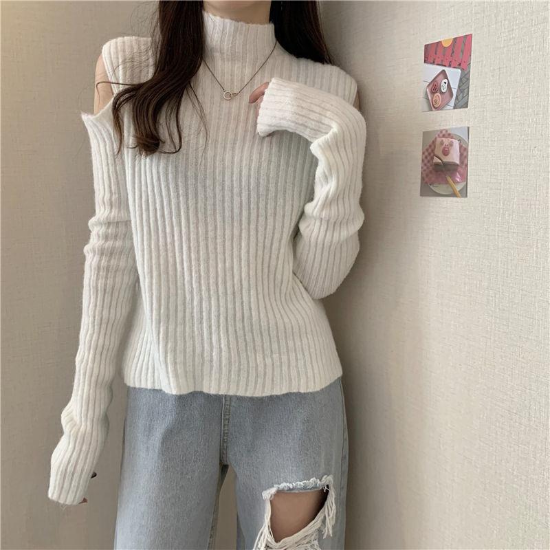 Women Turtleneck Sweaters Autumn Winter Loose Pullovers Knitted Jumper Off Shoulder Fashion Casual Knitted Sweater White Black Long Sleeve Tops
