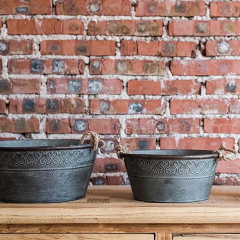 Винтажное металлическое круглое ведро-кашпо с двойными ручками, рустикальный железный цветочный горшок, металлический поднос для хранения и декора в стиле фермерского дома 6XDE