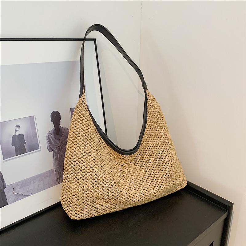 Straw Bucket Bag for Women Handwoven Woven Shoulder Bag Casual Underarm Tote Large Capacity Solid Color for Vacation and Daily Use