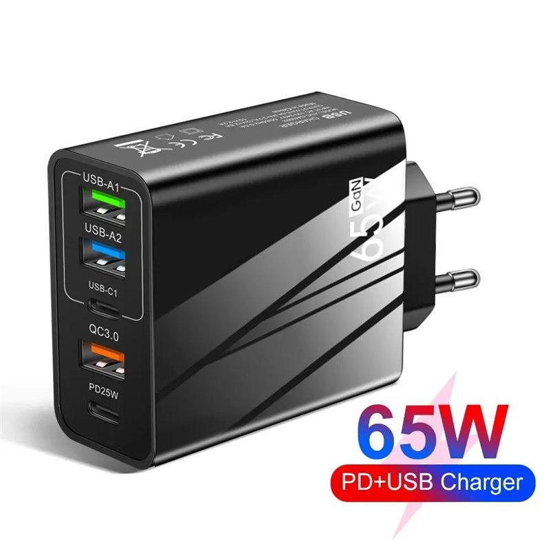 Зарядное устройство USB 65 Вт, быстрая зарядка 3,0, 5 портов PD Type C, настенное зарядное устройство для быстрой зарядки для iPhone, Samsung, Xiaomi, Huawei, USB-адаптер для телефона