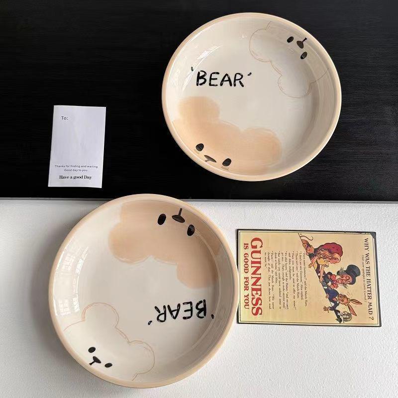 Милый кремовый керамический набор из миски и тарелки: Стильная подглазурная посуда для риса и овощей