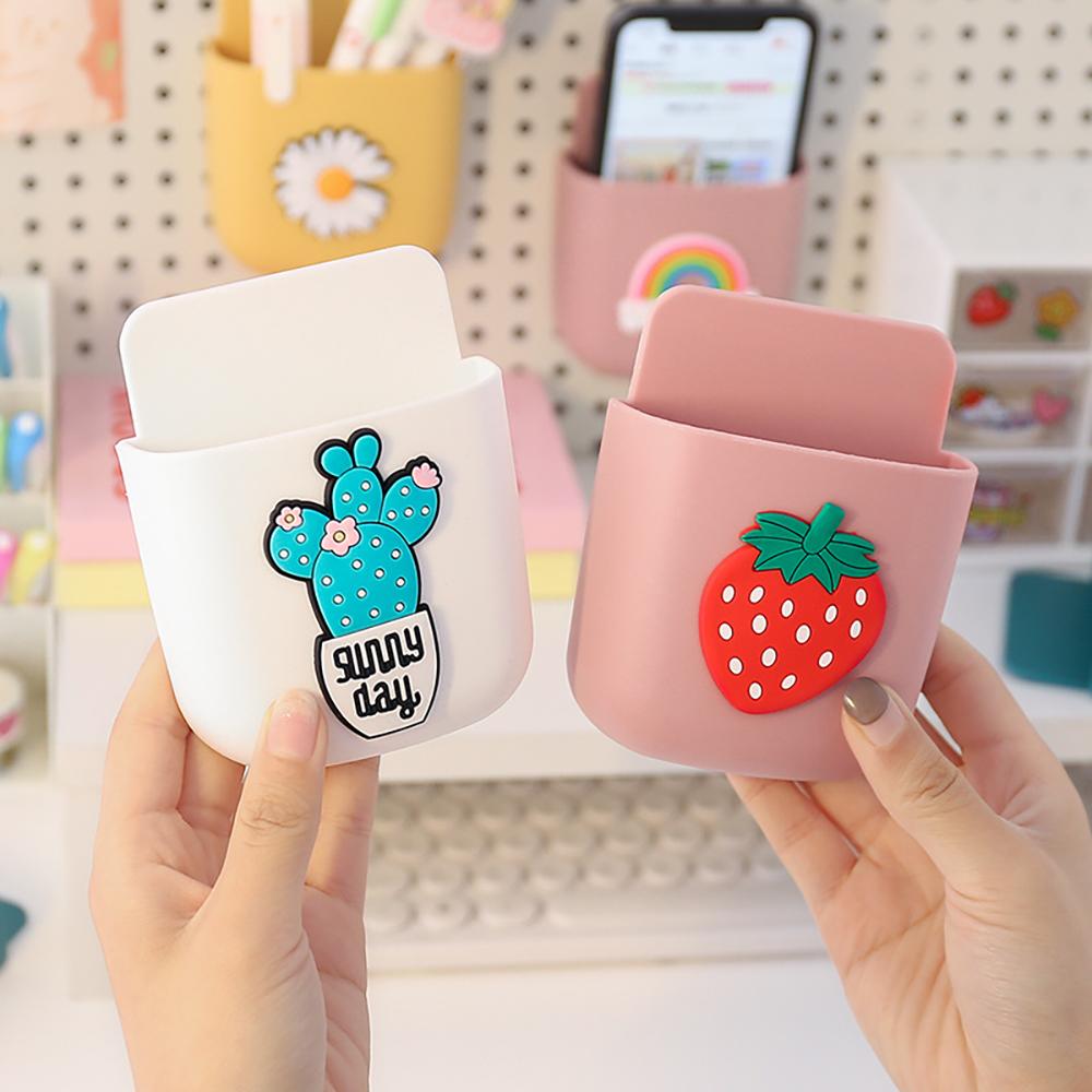 Cute Daisy Strawberry Pen Holder Self Adhesive Storage Rack Wall Hanging Phone Holder Desk Stationery Organizer Office Supplies