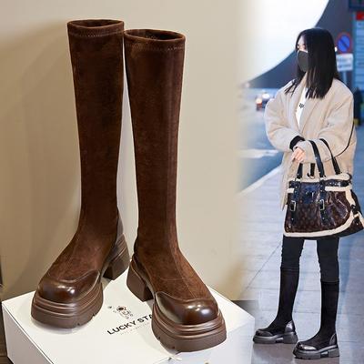 Новые рыцарские ботинки женские осенние женские эластичные ботинки на толстом каблуке повседневные с круглым носком универсальные ботинки Мартина женские