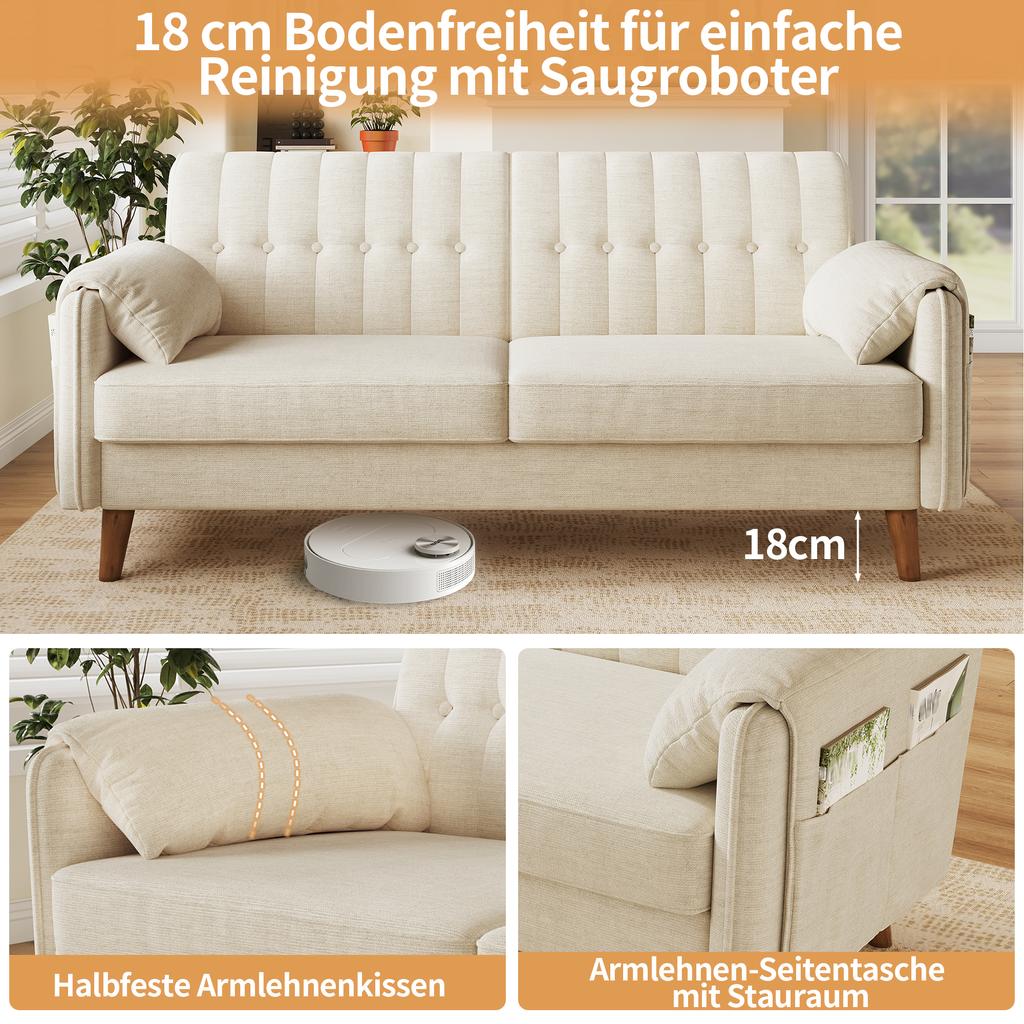 Modern 2-Seater Sofa in Chenille with Thick Seat Cushion, Tufted Backrest, 2 Armrest Cushions, Side Pockets; Solid Wood Legs, Easy to Assemble, Beige