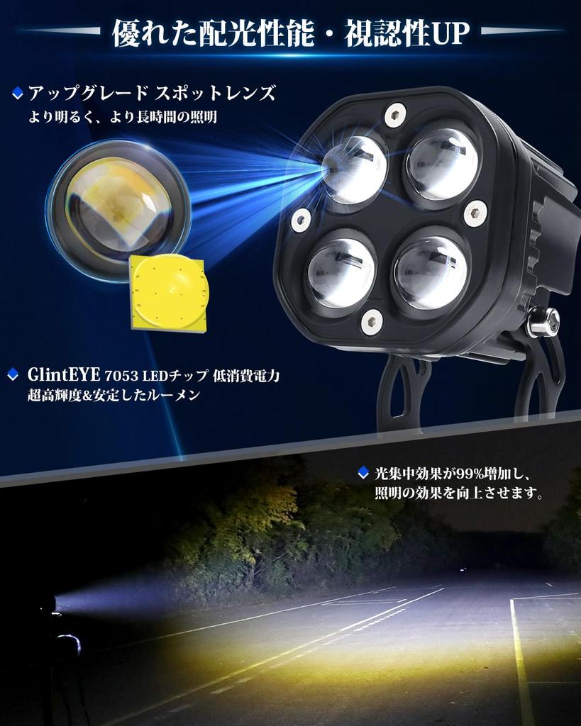 GlintEYE Motorcycle Fog Lamp LED Motorcycle Auxiliary Light 12V/24V Compatible Work Light LED60W8000LM 2 Colors White + Yellow 3 Modes Waterproof