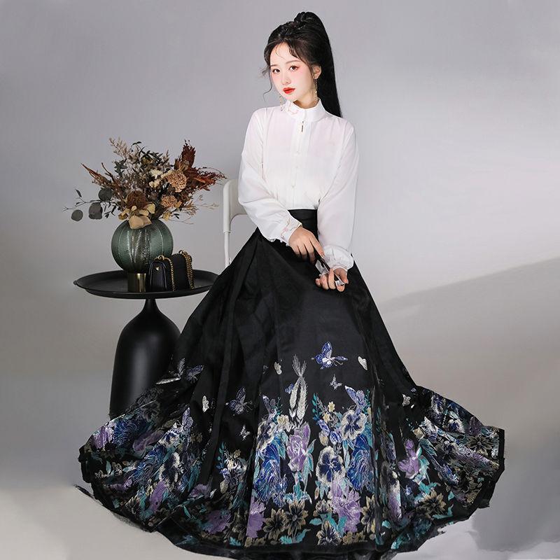 Оригинальная китайская женская рубашка в стиле династии Мин в стиле ханьфу со стоячим воротником и юбкой с лошадиным лицом