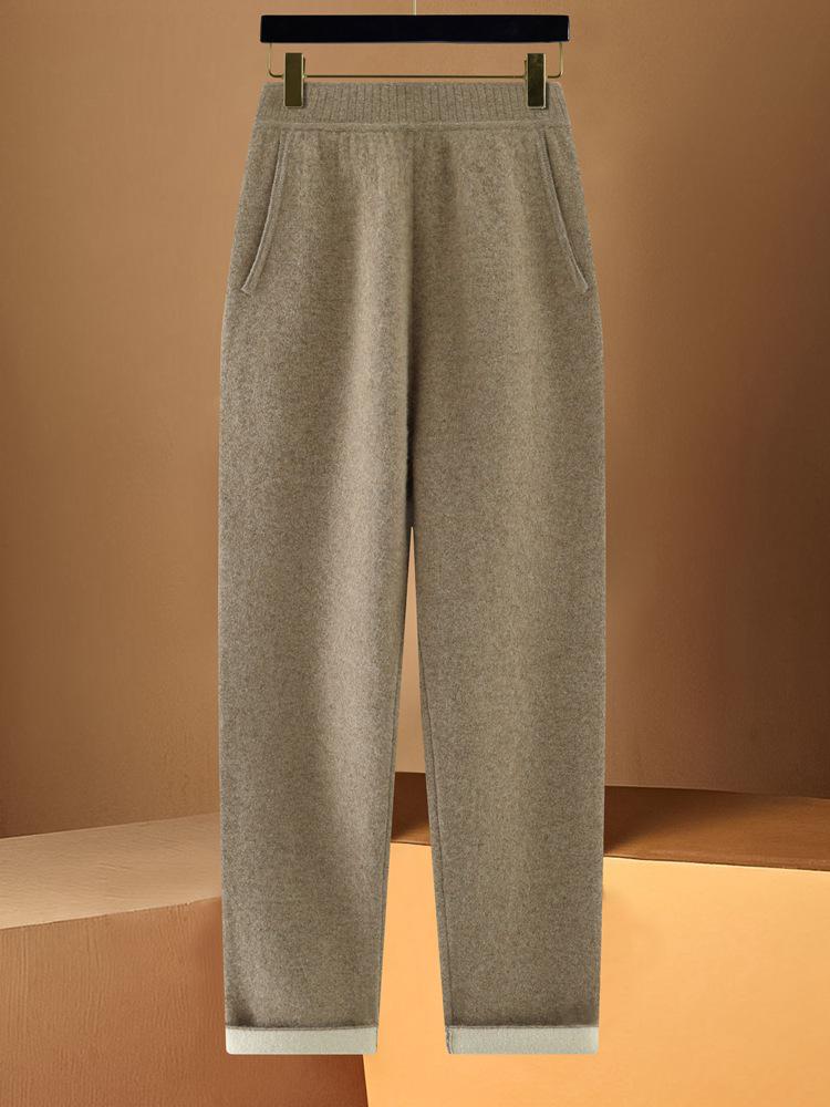 100% Wool High Waist Slimming Knit Pants: Fashionable Solid Color Elastic Skinny Pants for Women, Autumn Winter Collection