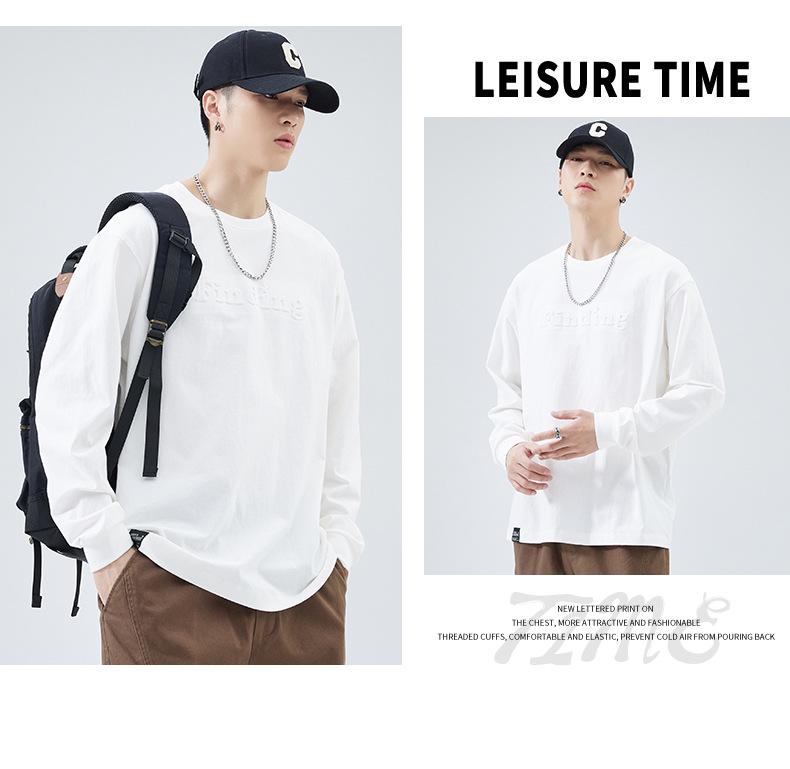 Мужская футболка с длинным рукавом из плотного хлопка - Белая, круглый вырез, стальной принт, свободный крой, осенняя коллекция