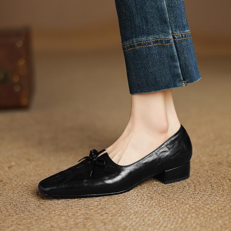 Мода 2025 Новое поступление Мягкая натуральная кожа Женские туфли на каблуке Квадратный носок Удобные Модные Повседневные Туфли на низком каблуке Обувь на четыре сезона