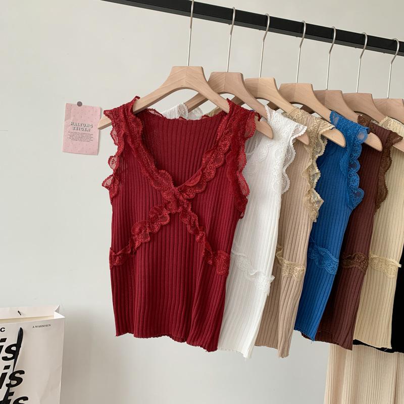 Летний новый сексуальный кружевной жилет-халтер для женщин, верхняя часть с V-образным вырезом, шелковый утягивающий трикотаж