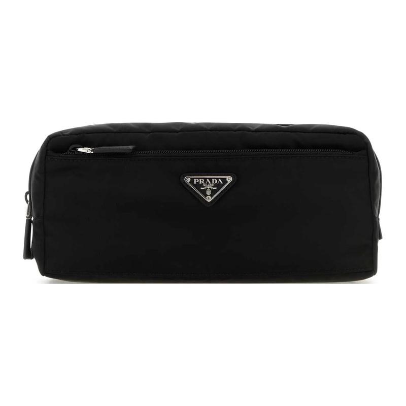 Prada Silver Logo Zipper Closure Fabric Cosmetic Bag Men's Black